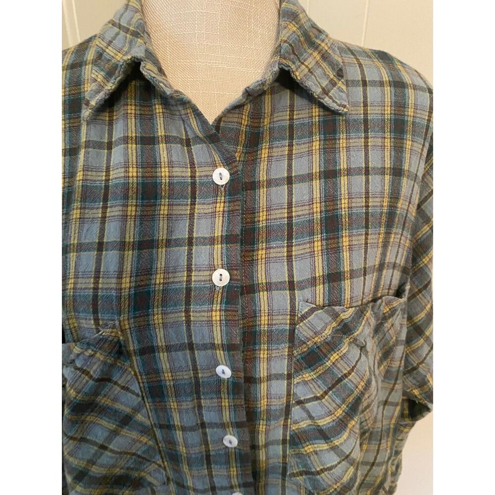 Peach Love Flannel Plaid oversized long sleeve raw edge shirt Size S - Picture 9 of 9